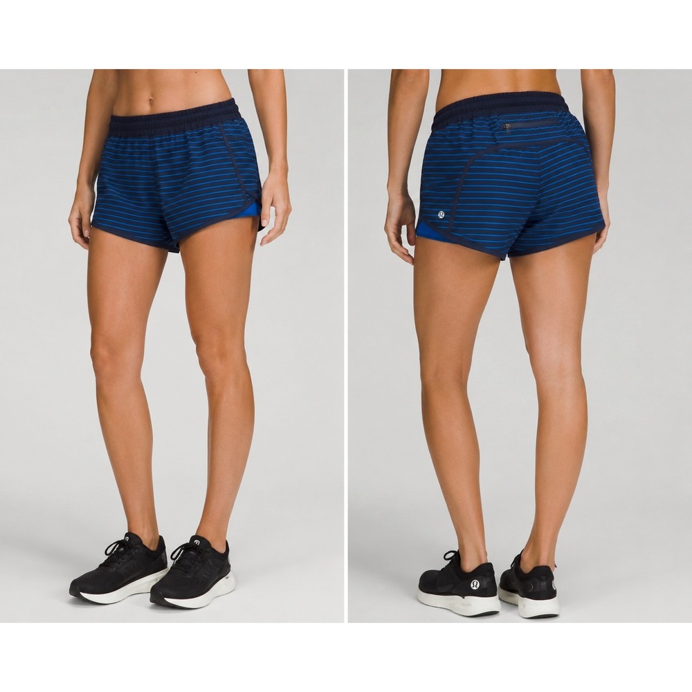 Lululemon Blue Striped Running Training‎ Shorts with Liner and Zip Pocket